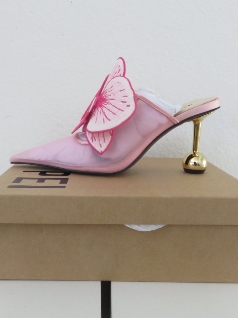 (#140) Jw Pei Pink Floral Mesh Mules With Gold Sculptural Heel